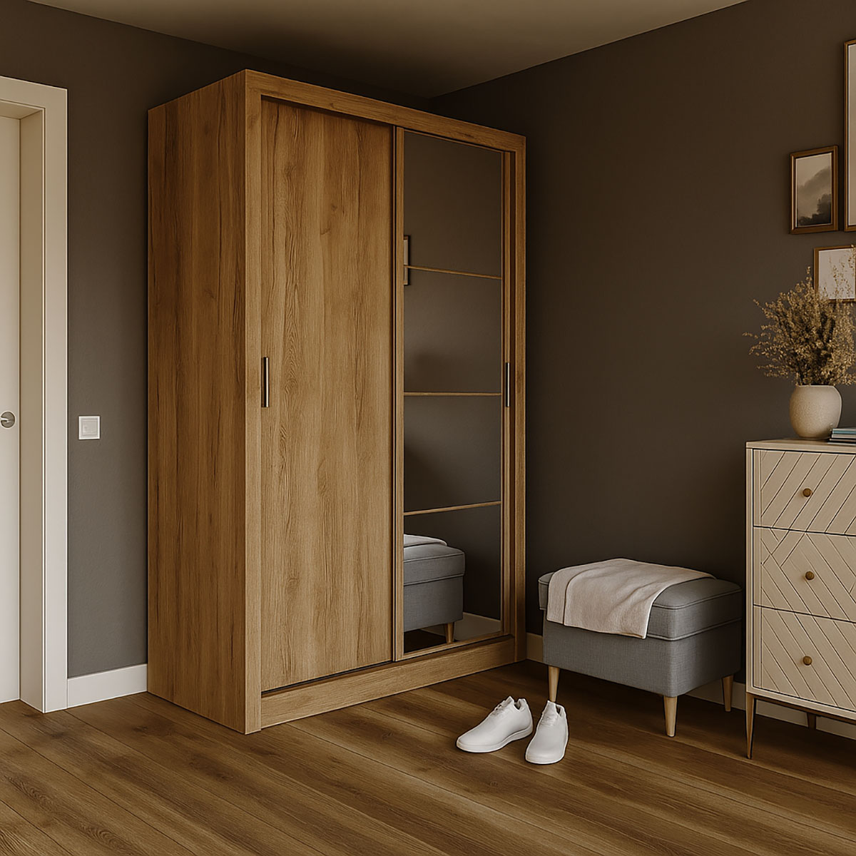 14673 Ντουλάπα Linea Χρυσό Δρυς με καθρέφτη 120x60x215cm - Image 1