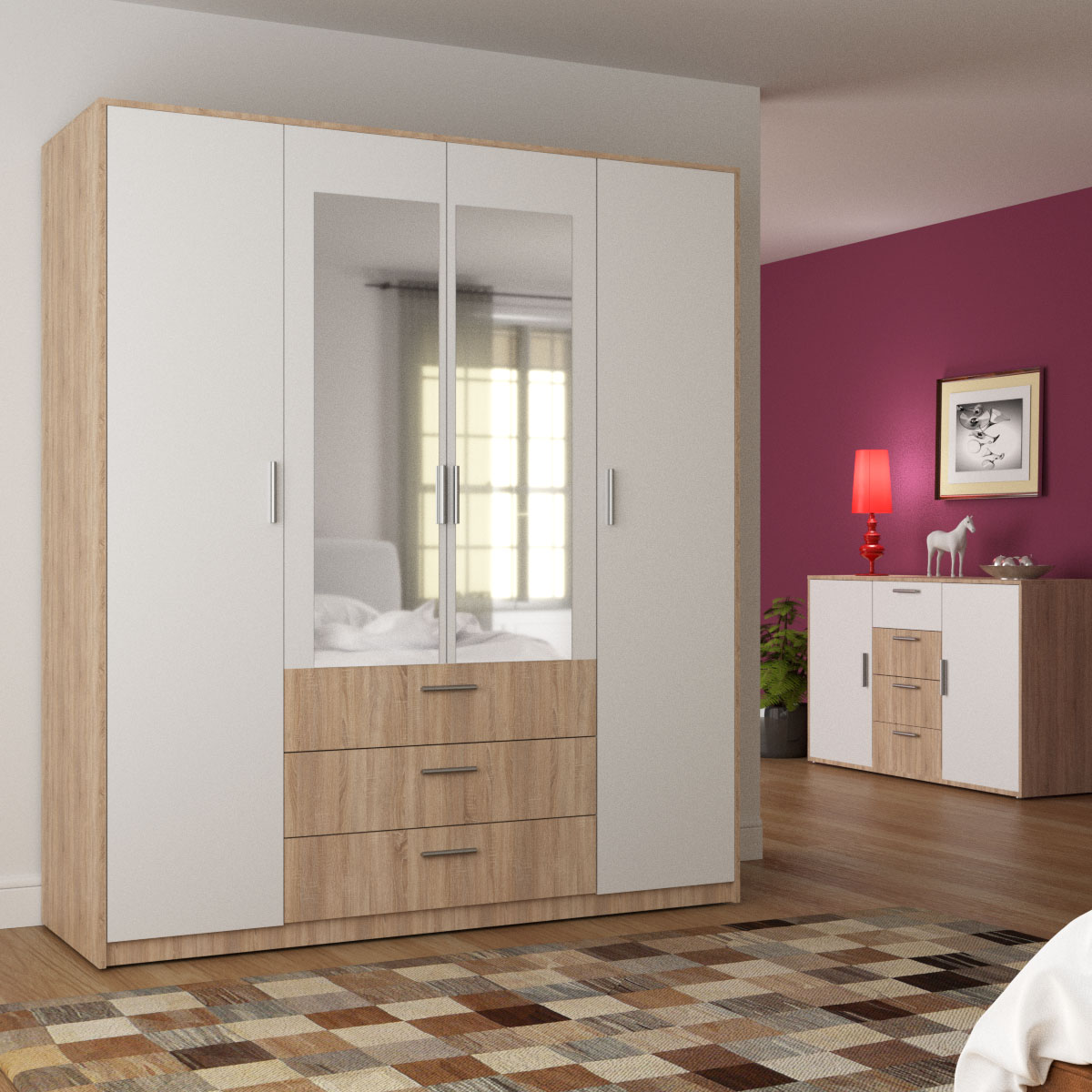 2944 Ντουλάπα Τετράφυλλη Rico Λευκή-Sonoma 180x62x206cm - Image 1