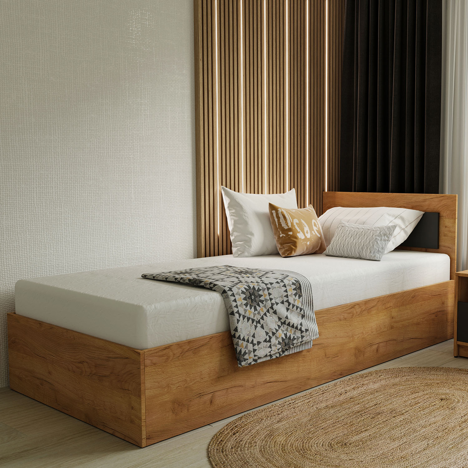 14745 Κρεβάτι Viva Χρυσό Δρυς-Γραφίτης 90x200cm - Image 1