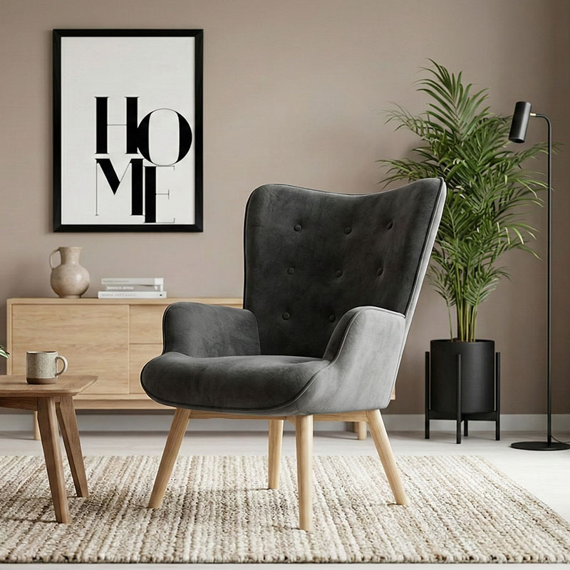 255-000023-1 Πολυθρόνα Fluffy pakoworld βελούδο ανθρακί-φυσικό πόδι 75x69x96εκ - Image 1