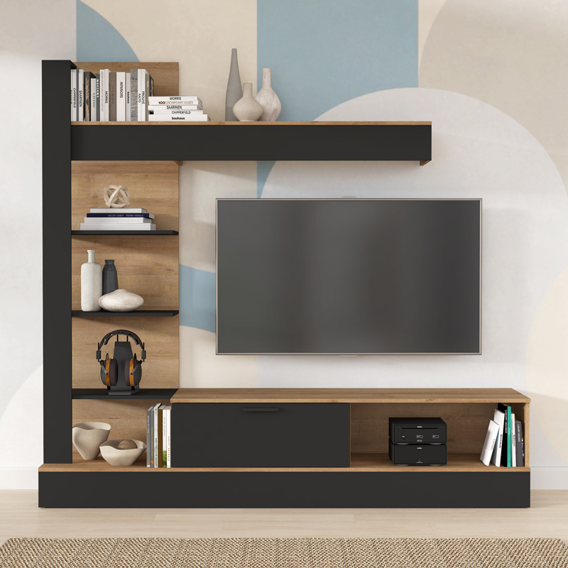 318-000010-1 Σύνθετο σαλονιού Dranko pakoworld μαύρο-oak μελαμίνης 205x41.5x192εκ - Image 1