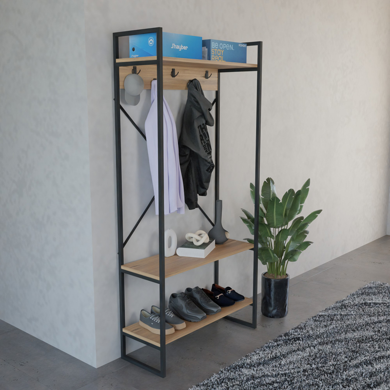 321-000121-1 Έπιπλο εισόδου Levento pakoworld oak με μαύρο μεταλλικό σκελετό 88x34x180εκ - Image 1