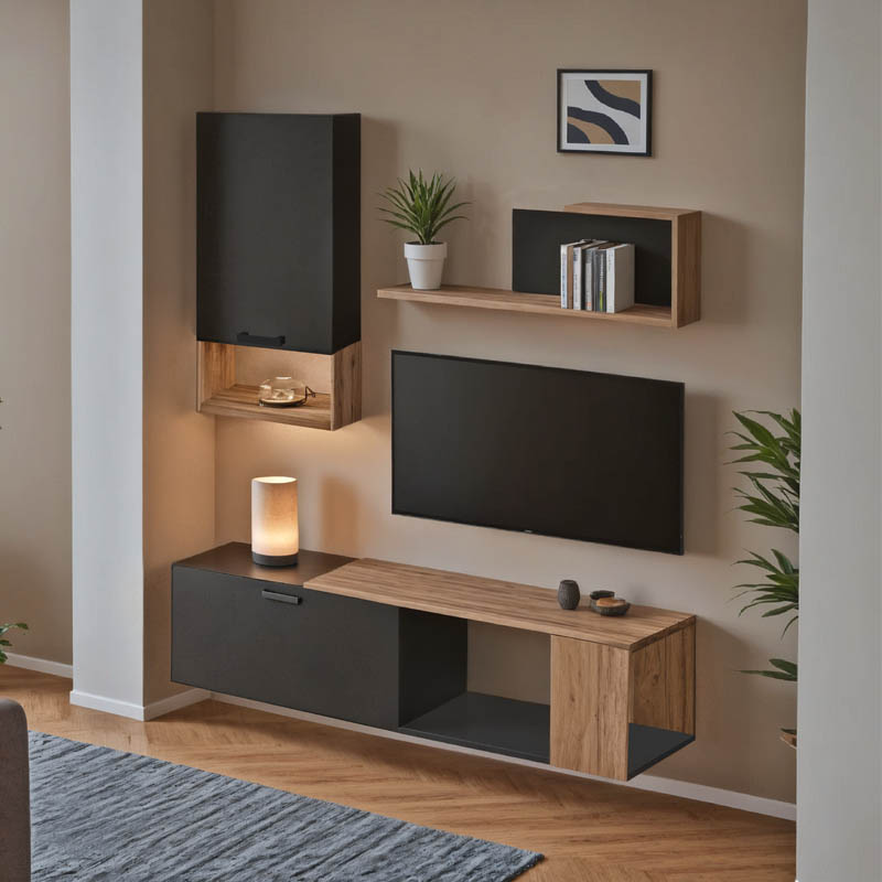 361-000099-1 Σύνθετο σαλονιού Poelfy pakoworld σε ανθρακί-oak απόχρωση 170x37.5x42εκ - Image 1