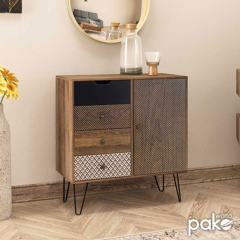 066-000003-1 Μπουφές Boho pakoworld με συρτάρια-ντουλάπι καρυδί μεταλλικά πόδια 79,5x39,5x86εκ - Image 1