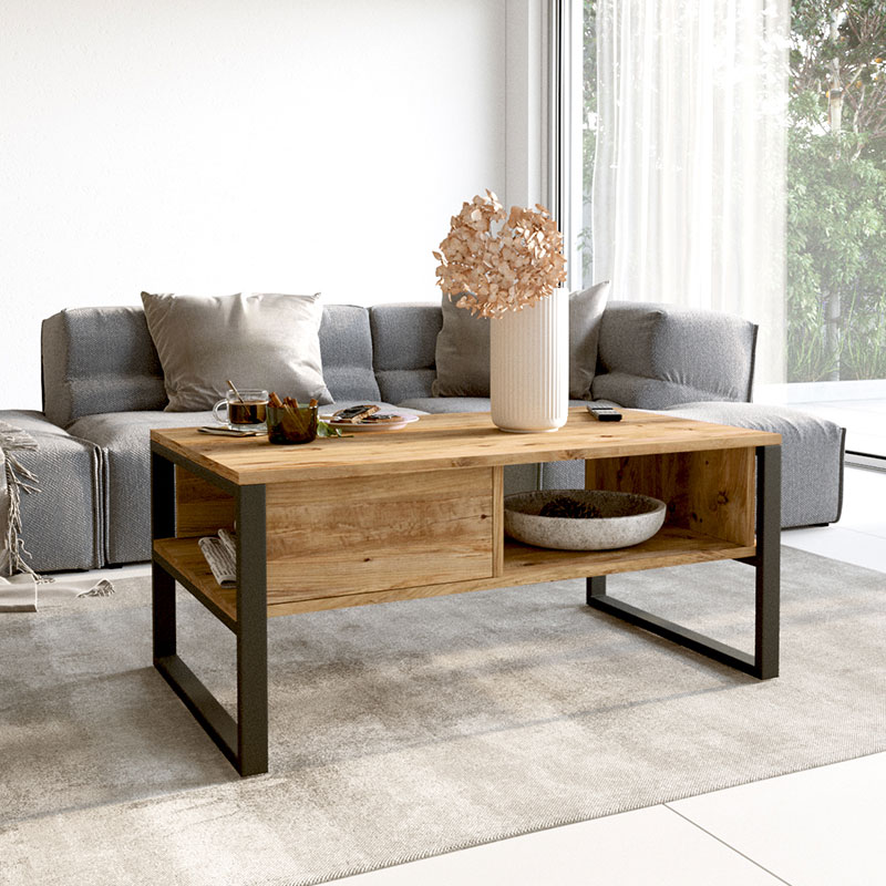 176-000009-1 Τραπέζι σαλονιού Honora pakoworld oak-μαύρο 100x60x44,5εκ - Image 1