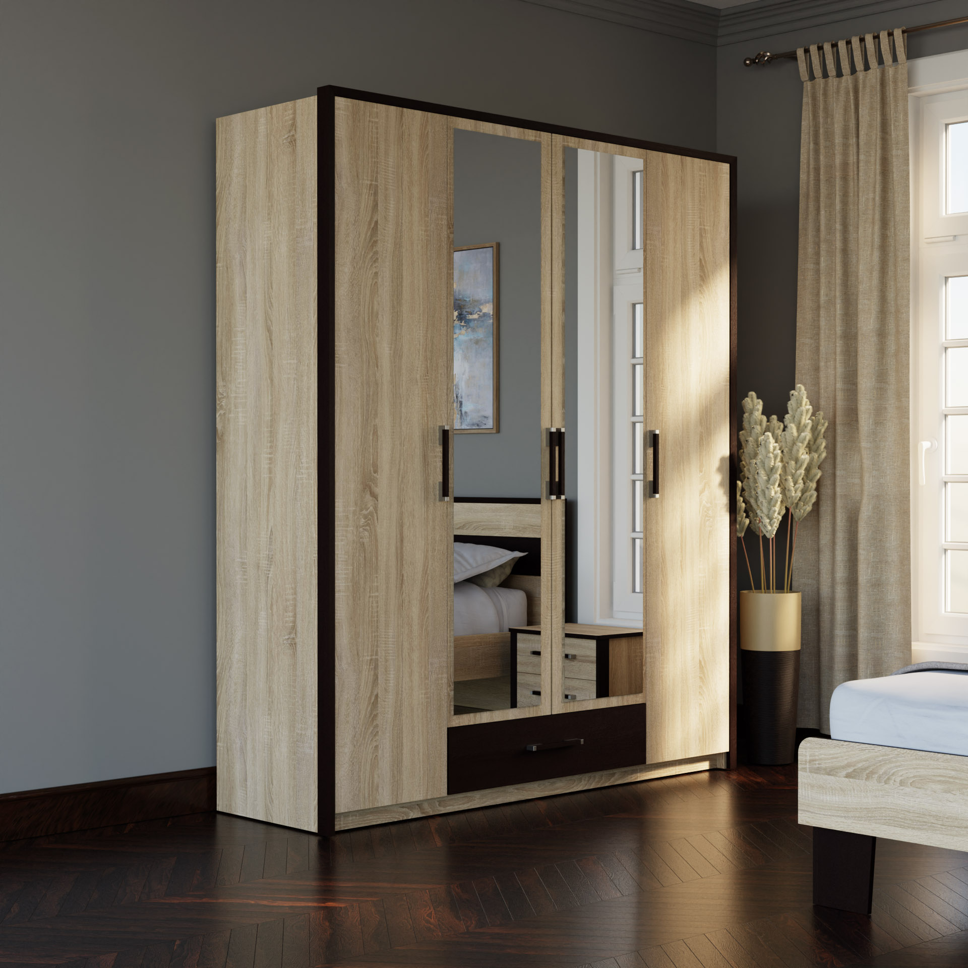 2364 Ντουλάπα Τετράφυλλη Scarlet Sonoma-Wenge 180x58x212εκ - Image 1