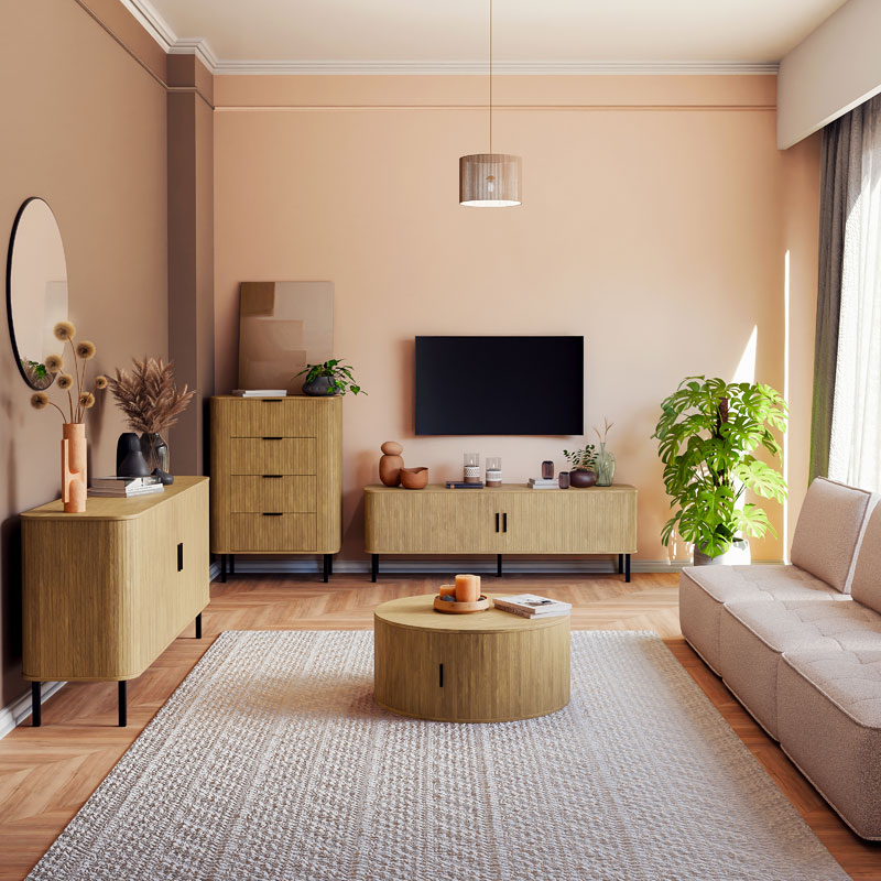 260-000006-1 Έπιπλο τηλεόρασης Scandi pakoworld MDF φυσικό με μεταλλικά μαύρα πόδια 150x45x57.5εκ - Image 1