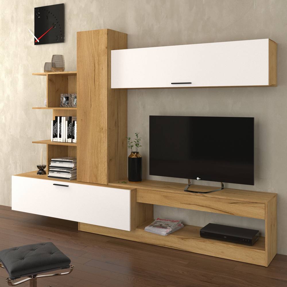 2716 Σύνθεση Τηλεόρασης OMELA 260x42x193εκ Χρυσός Δρύς Με Λευκό - Image 1