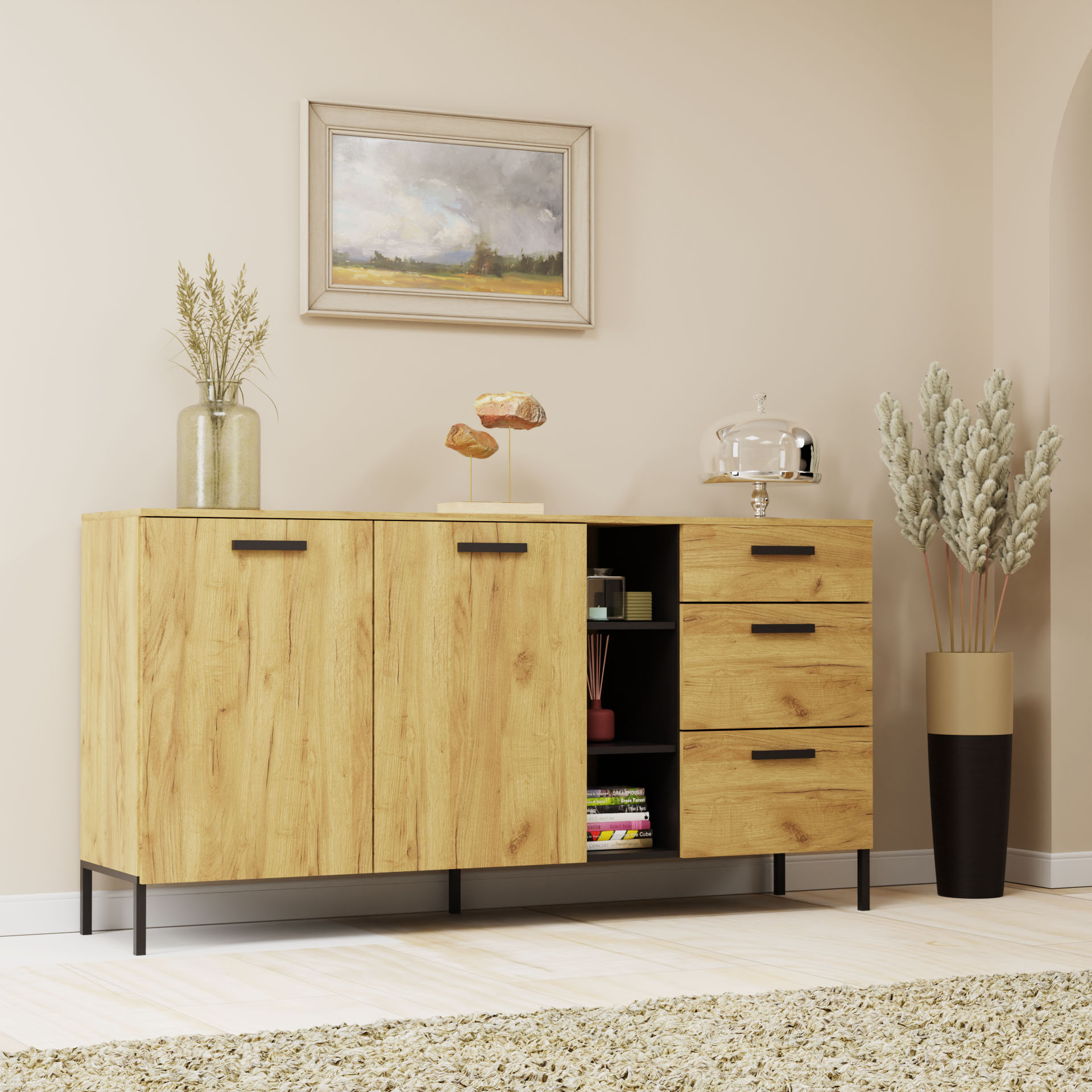 2957 Μπουφές Santes Χρυσό Δρυς-Γραφίτης 180x42x92.5cm - Image 1