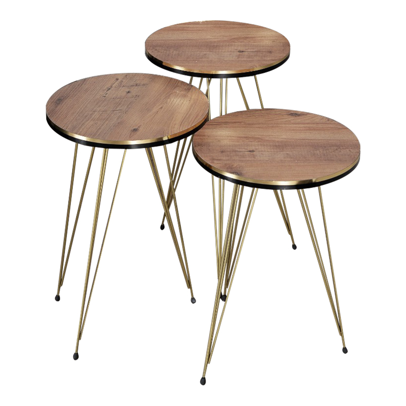321-000068-1 Βοηθητικά τραπέζια Wakmi pakoworld σετ 3τεμ oak μελαμίνης-χρυσό μέταλλο - Image 1
