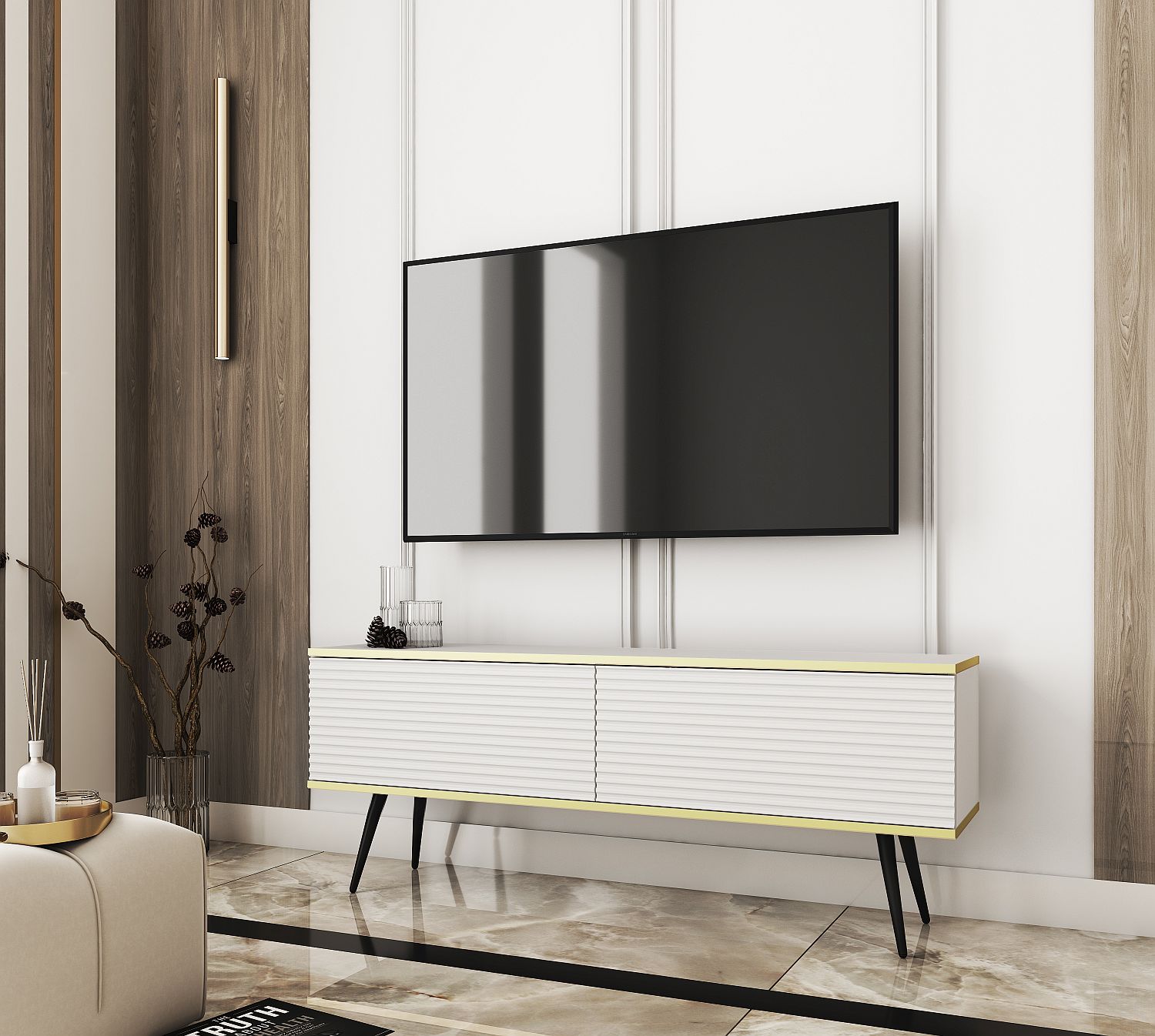 ORO_135_BIALYBL_R_MDF Έπιπλο τηλεόρασης ORO_MDF Λευκό 135x53x32cm - Image 1