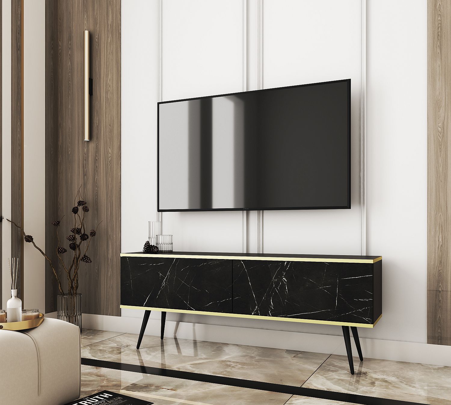 ORO_135_MARMBL_R-1 Έπιπλο τηλεόρασης ORO Μάρμαρο 135x53x32cm - Image 1