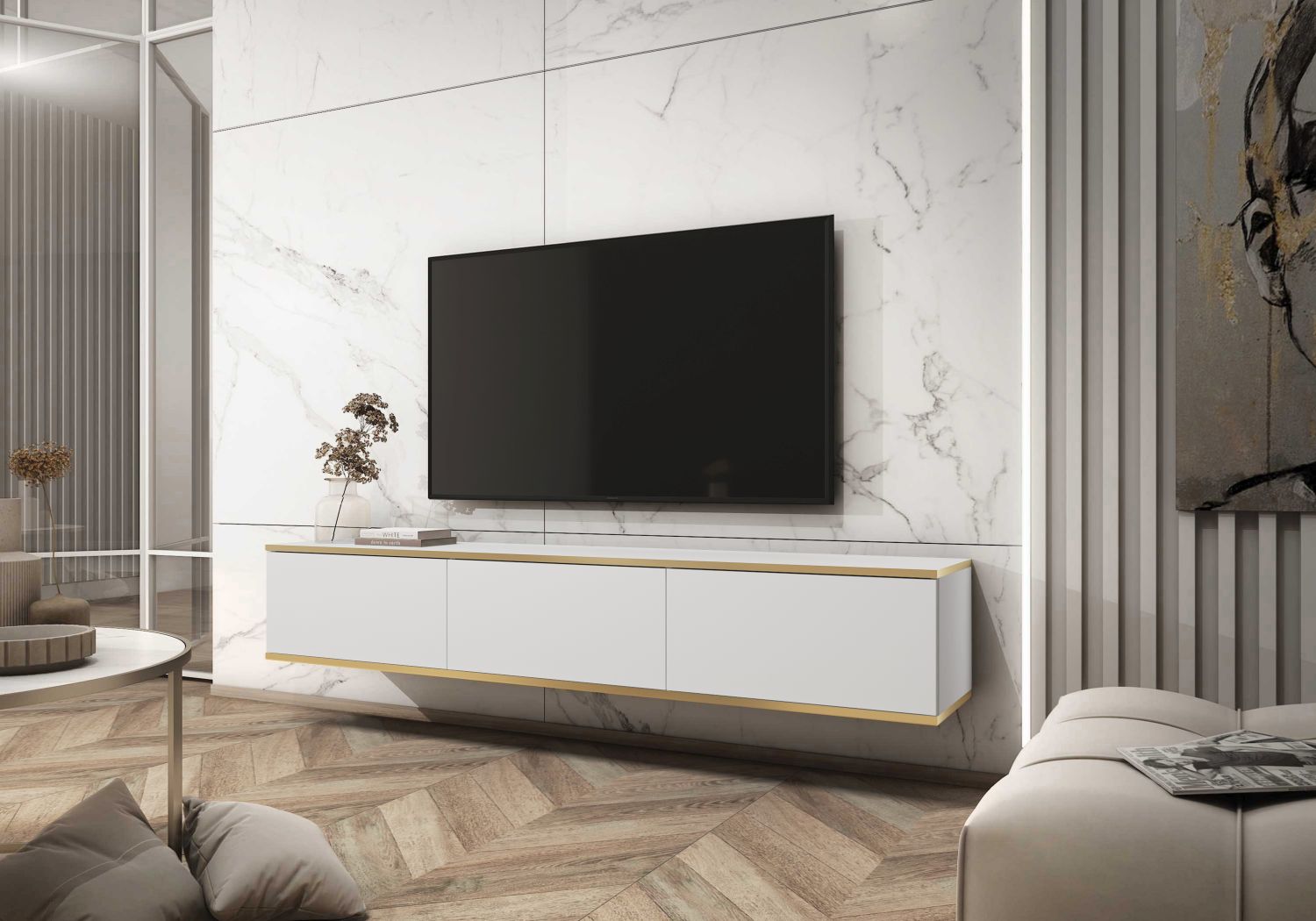 ORO_BTV_b_R Έπιπλο τηλεόρασης ORO επιτοίχιο λευκό 175x30x32cm - Image 1