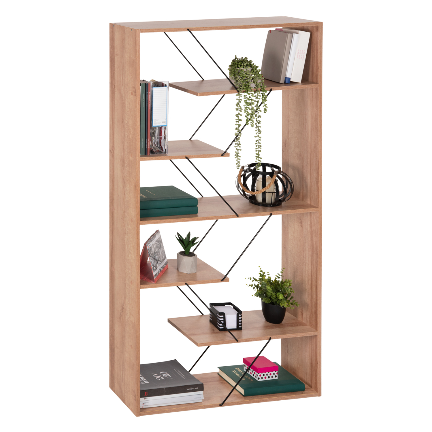 bibliothiki-fb9224014-fysiko-oak-melamin ΒΙΒΛΙΟΘΗΚΗ TARS HM2240.14 ΦΥΣΙΚΟ ΟΑΚ ΜΕΛΑΜΙΝΗ-ΜΑΥΡΕΣ ΜΕΤΑΛΛΙΚΕΣ ΒΕΡΓΕΣ 84x24x157Υεκ. - Image 1