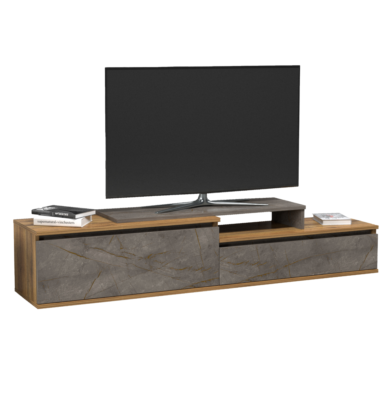 epiplo-tv-fb918186-melamini-se-fysiko-xy ΕΠΙΠΛΟ TV LEIS HM18186 ΜΕΛΑΜΙΝΗ ΣΕ ΦΥΣΙΚΟ ΞΥΛΟΥ & ΟΨΗ ΓΚΡΙ ΜΑΡΜΑΡΟ 180x35x42Υεκ. - Image 1